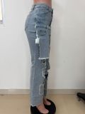 Women's Fashion Loose Straight Leg Washed Multi-Pocket Patchwork Applique Washed Street Denim Pants