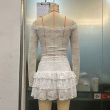 Women's Mesh Lace Trim Sexy Long Sleeve Top with Tiered Mini Skirt Two-Piece Set
