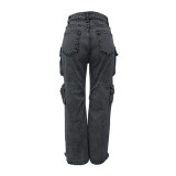 Women's Fashion Loose Straight Leg Washed Multi-Pocket Fashion Street Denim Pants