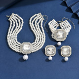 Women's Multi-Color Full Diamond Bracelet Three-Piece Luxury Imitation Pearl Necklace Jewelry