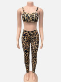 Women's Fashion Leopard Print Sexy Strap Crop Top with Tight Slim Pants Two-Piece Set