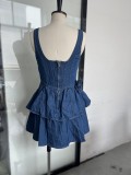 Autumn Women's Floral Layered Casual Style Denim Strap Dress