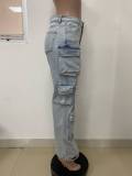 Women's Fashion Loose Straight Leg Washed Multi-Pocket Fashion Street Denim Pants