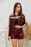 Autumn Women's Patchwork Color-Blocking Stripes PU Leather Jacket