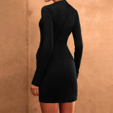 Women Sexy V-Neck Hollow Metal Button Long-Sleeved Bodycon Dress