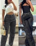 Women's Fashion Loose Straight Leg Washed Multi-Pocket Fashion Street Denim Pants