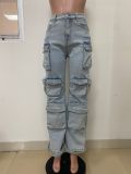 Women's Fashion Loose Straight Leg Washed Multi-Pocket Fashion Street Denim Pants