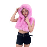 Women Solid Pu-Leather Zippered Hooded Sleeveless Crop Top