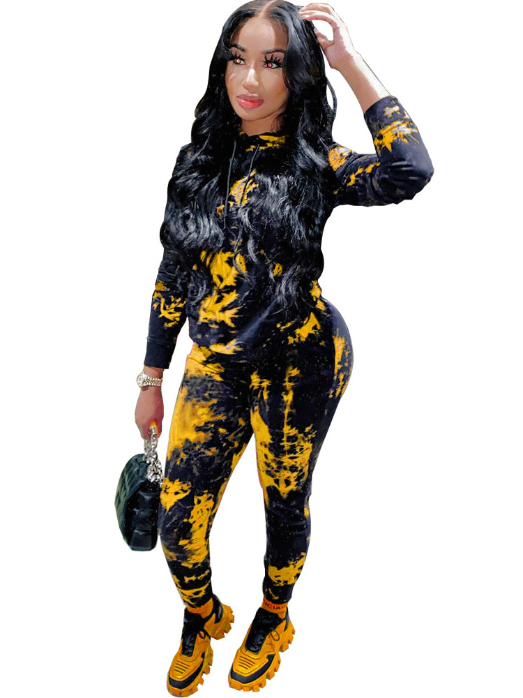 Women Fall/Winter Tie-Dye Hooded Top and Pant Two-Piece Set