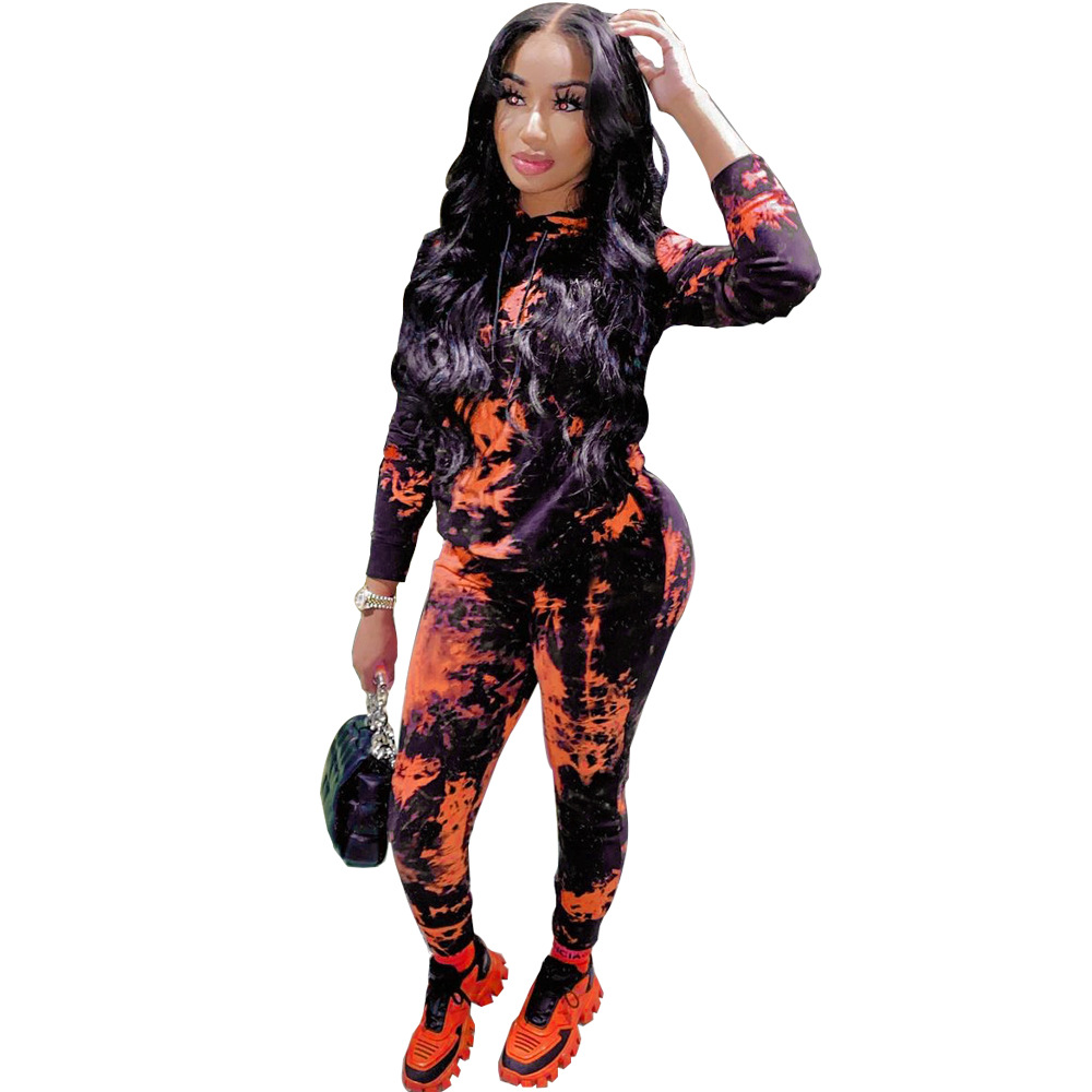 Women Fall/Winter Tie-Dye Hooded Top and Pant Two-Piece Set