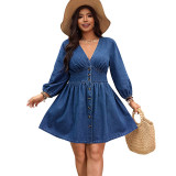 Plus-Size Women Denim V-Neck Maxi Dress
