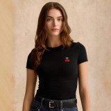 Women Summer American Style Cherry Round Neck Pleated Short-Sleeved Casual T-Shirt