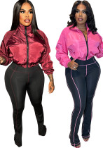 Women Casual Zippered Top and Bell Bottom Two-Piece Set