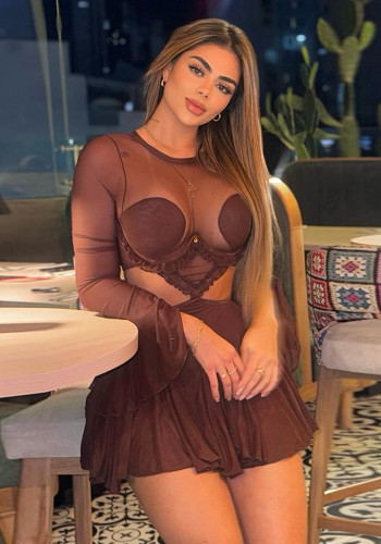 Women autumn sexy mesh patchwork see-through long-sleeved dress