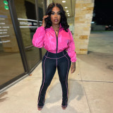 Women Casual Zippered Top and Bell Bottom Two-Piece Set