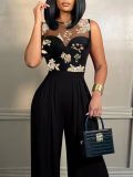 Women autumn casual print patchwork sleeveless jumpsuit