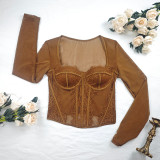 Women Underwire Mesh Patchwork Top Sexy Lace See-Through Long-Sleeved Fishbone Bra