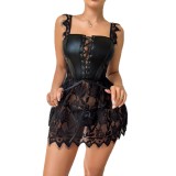 Women Slimming Pu Leather Suspender Lace-Up Waist Sexy Lingerie Dress