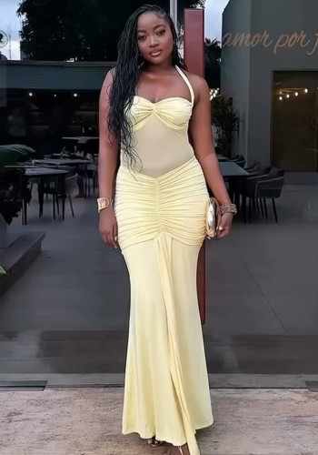 Women Casual Holiday Solid Pleated Backless Halter Neck Bodycon Dress