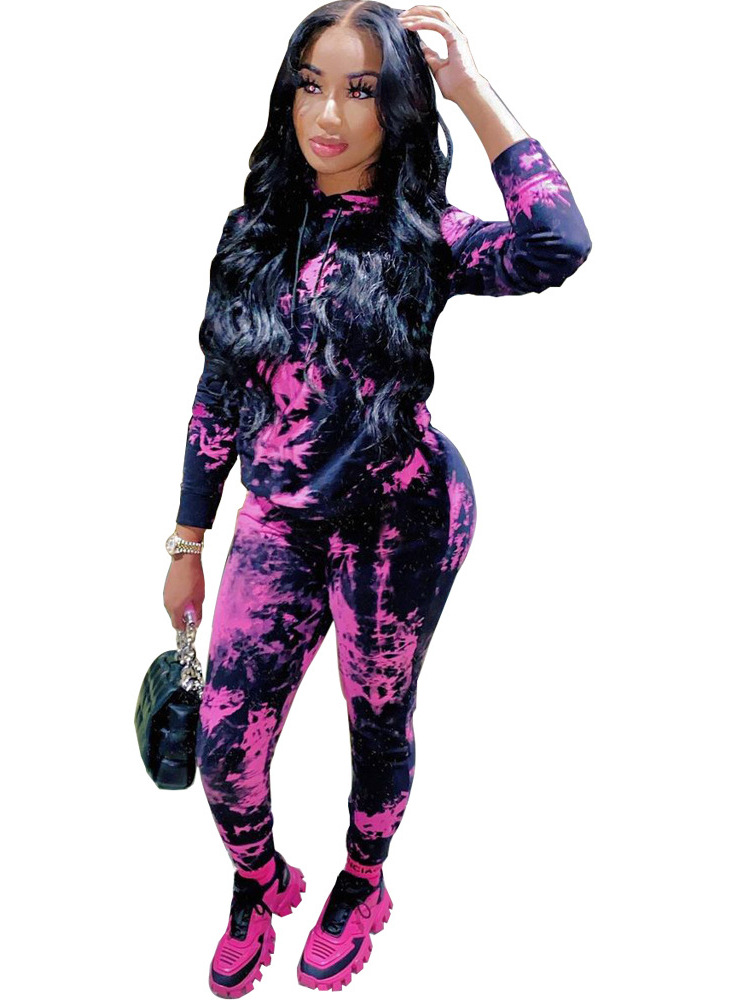 Women Fall/Winter Tie-Dye Hooded Top and Pant Two-Piece Set