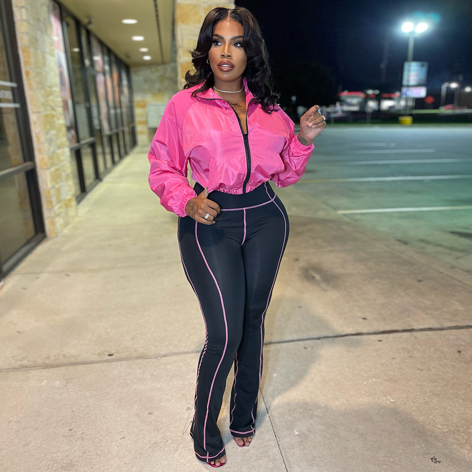 Women Casual Zippered Top and Bell Bottom Two-Piece Set