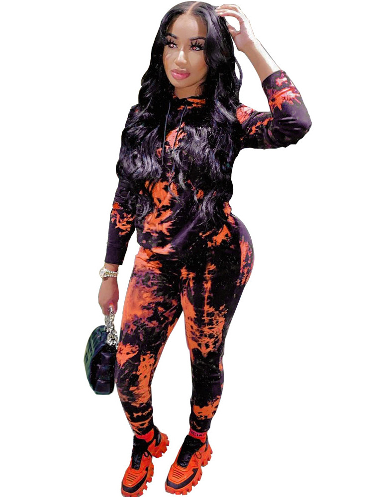 Women Fall/Winter Tie-Dye Hooded Top and Pant Two-Piece Set