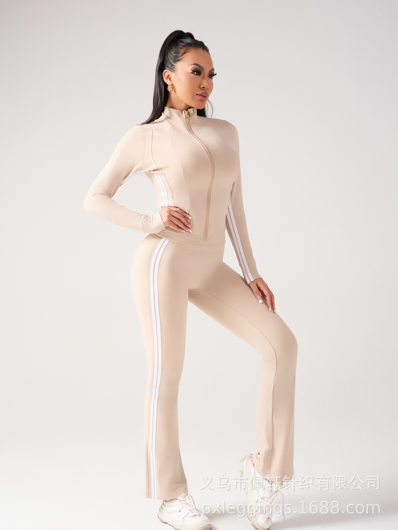 Women autumn contrasting color casual running and fitness two-piece set