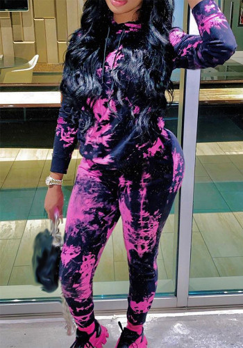 Women Fall/Winter Tie-Dye Hooded Top and Pant Two-Piece Set