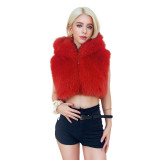 Women Solid Pu-Leather Zippered Hooded Sleeveless Crop Top