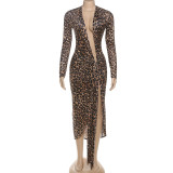 Women's Summer Sexy Leopard Print Deep V-Neck Slit Dress