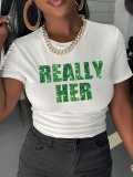 Women Summer Letter Print Round Neck Casual Short-Sleeved Crop T-Shirt