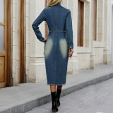 Women Sexy Long-Sleeved Turndown Collar Slit Tassel Maxi Dress