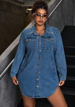 Plus-Size Women Denim Turndown Collar Dress