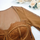 Women Underwire Mesh Patchwork Top Sexy Lace See-Through Long-Sleeved Fishbone Bra