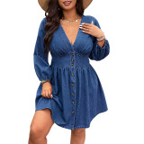 Plus-Size Women Denim V-Neck Maxi Dress