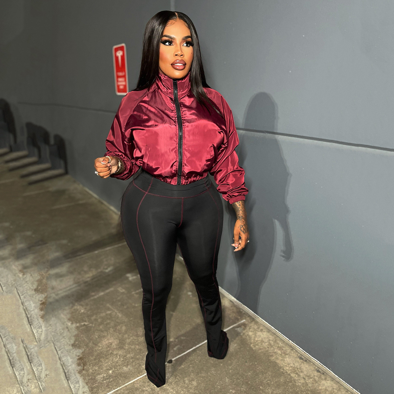 Women Casual Zippered Top and Bell Bottom Two-Piece Set