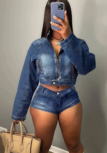 Women Denim Jacket and Shorts Two-Piece Set