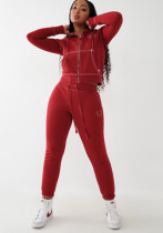 Women American Zippered Letter Print Hoodies and Pant Two-Piece Set