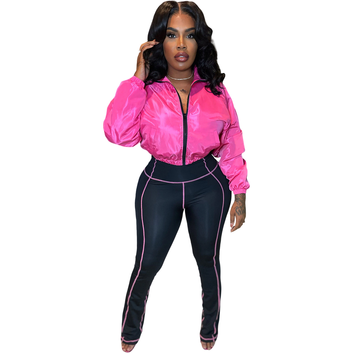 Women Casual Zippered Top and Bell Bottom Two-Piece Set