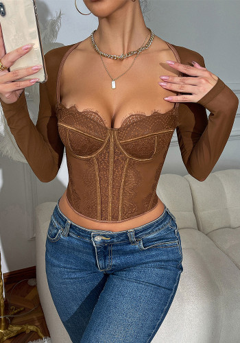 Women Underwire Mesh Patchwork Top Sexy Lace See-Through Long-Sleeved Fishbone Bra