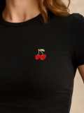 Women Summer American Style Cherry Round Neck Pleated Short-Sleeved Casual T-Shirt
