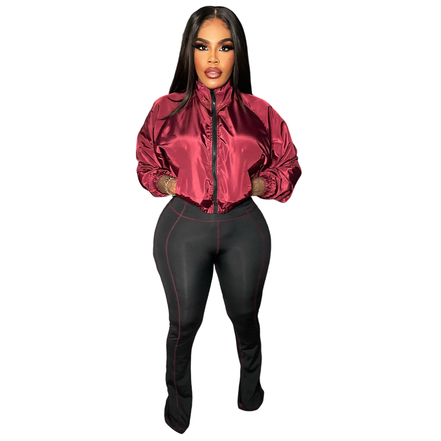 Women Casual Zippered Top and Bell Bottom Two-Piece Set