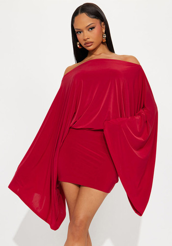 Women Off-Shoulder Bell Bottom Long-Sleeved Top and Skirt Two-Piece Set