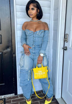 Women's Autumn Winter Off Shoulder Buttoned Multi-Pocket Washed Denim Jumpsuit Women's Autumn Winter Off Shoulder Buttoned Multi-Pocket Washed Denim Jumpsuit