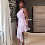 Women's Autumn Fashion One Shoulder Ruffle Hem Asymmetrical Solid Color Dress