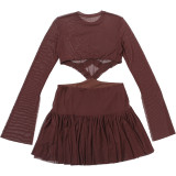 Women autumn sexy mesh patchwork see-through long-sleeved dress