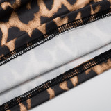 Women's Autumn Winter Leopard Print Off Shoulder Deep V-Neck Finger Sleeve High Waist Pants Set