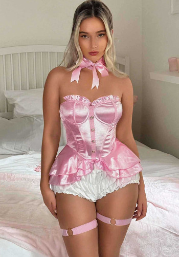 Women's Sexy Pink Lace Bow Bodysuit