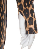 Women's Autumn Winter Leopard Print Off Shoulder Deep V-Neck Finger Sleeve High Waist Pants Set