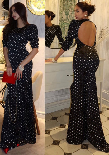 Women's Round Neck Polka Dot Sexy Low Back Long Sleeve Mermaid Chic Dress